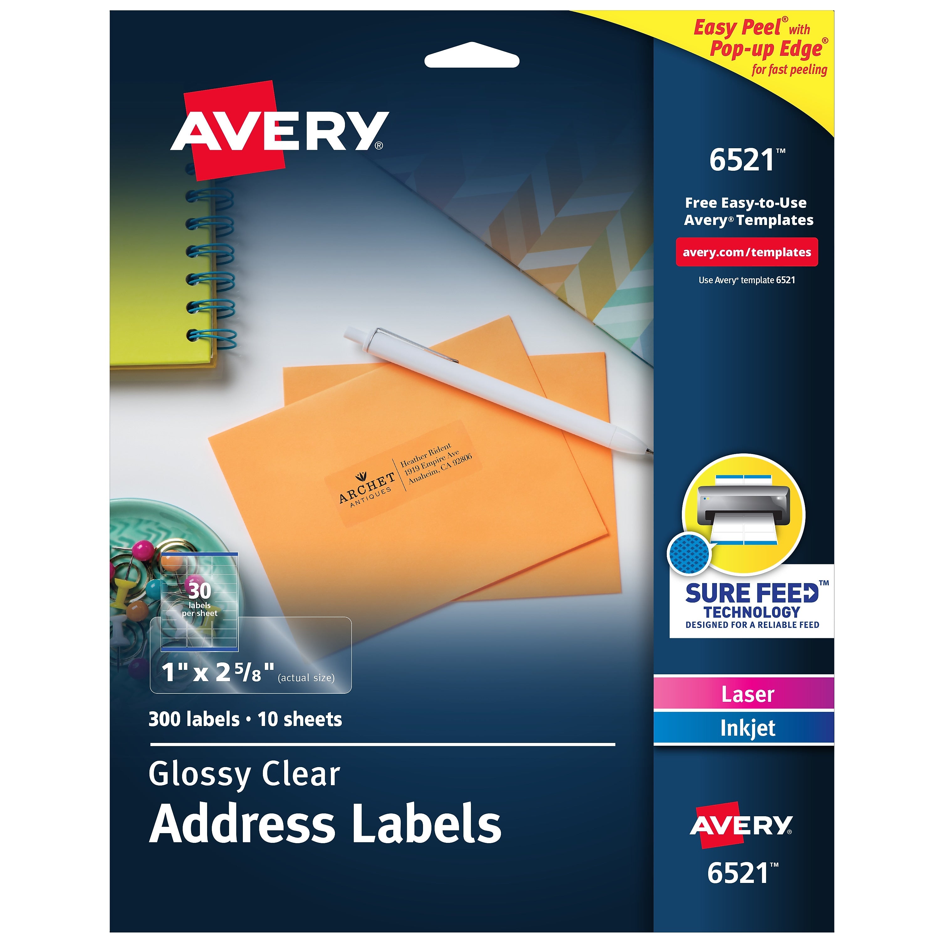 Avery Easy Peel Laser/Inkjet Address Labels, 1" x 2-5/8", Glossy Clear, 300 Labels/Pack (6521)