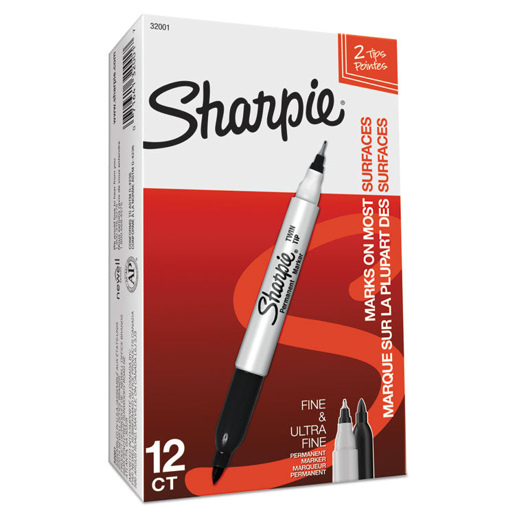 Twin-Tip Permanent Marker, Extra-Fine/fine Bullet Tips, Black, Dozen