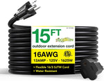 GoGreen Power 15' Indoor/Outdoor Extension Cord, 16 AWG, Black (GG-13715BK)