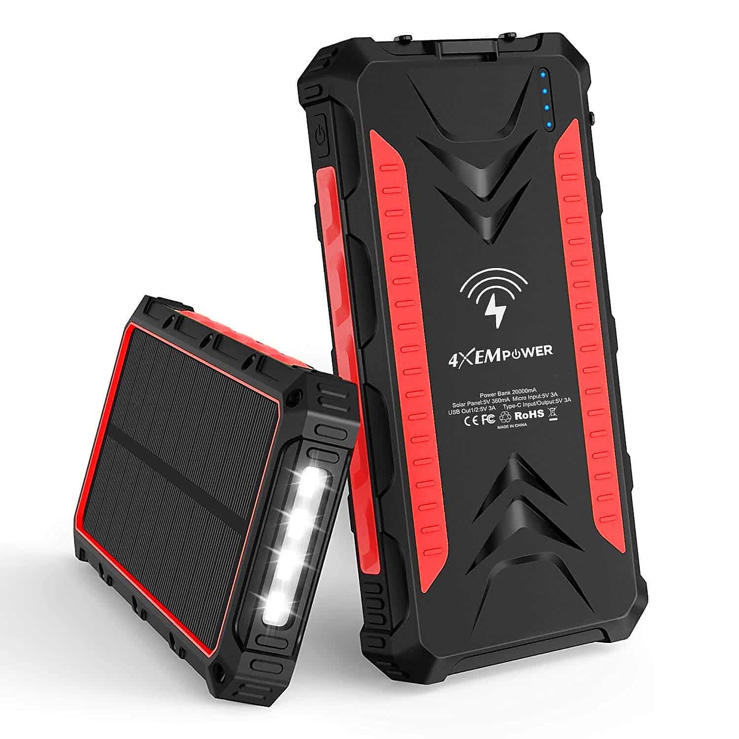 4XEM USB Wireless Charger for Most Smartphones, 20000mAh, Red (4XSOLARPWRRD)