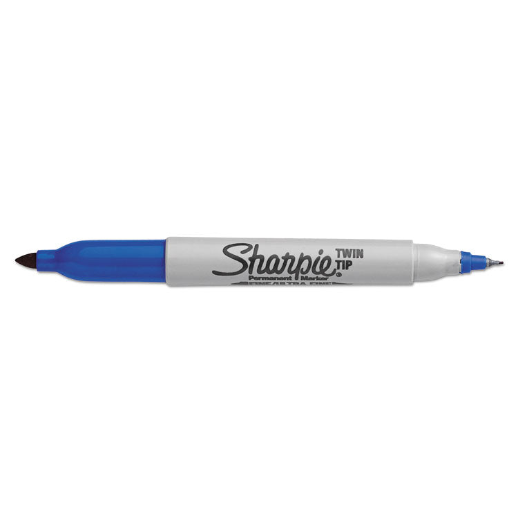 Twin-Tip Permanent Marker, Extra-Fine/fine Bullet Tips, Blue, Dozen