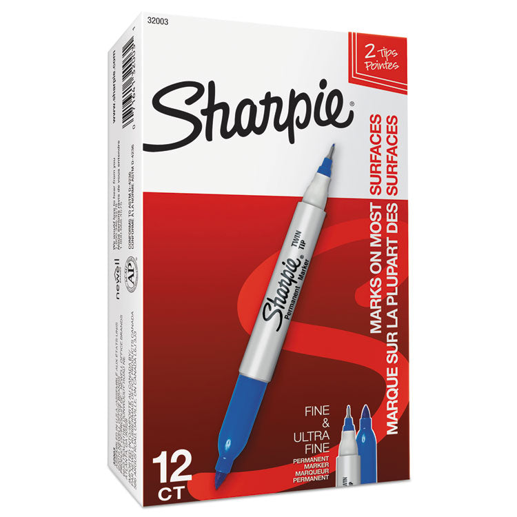 Twin-Tip Permanent Marker, Extra-Fine/fine Bullet Tips, Blue, Dozen