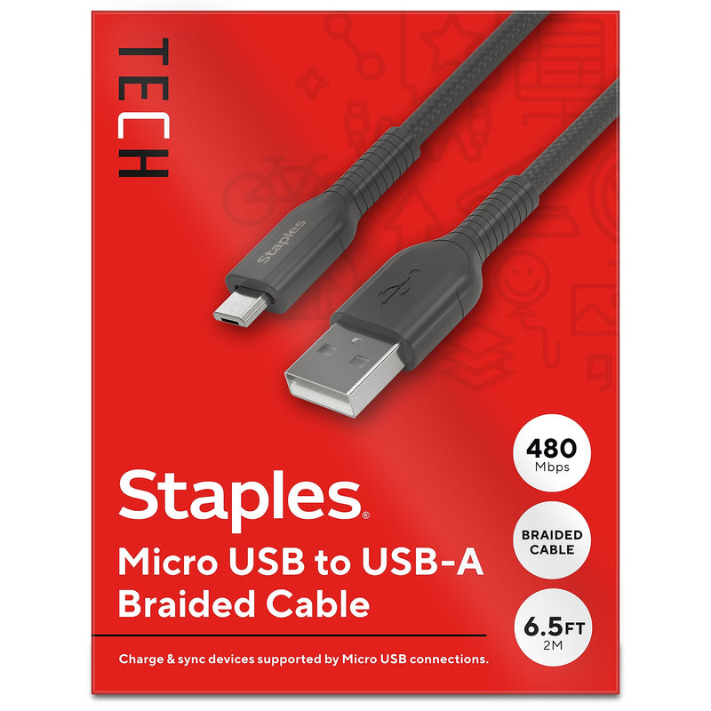 Staples TECH Micro USB to USB-A Charging Cable, 6.5 ft., Black (ST62328)
