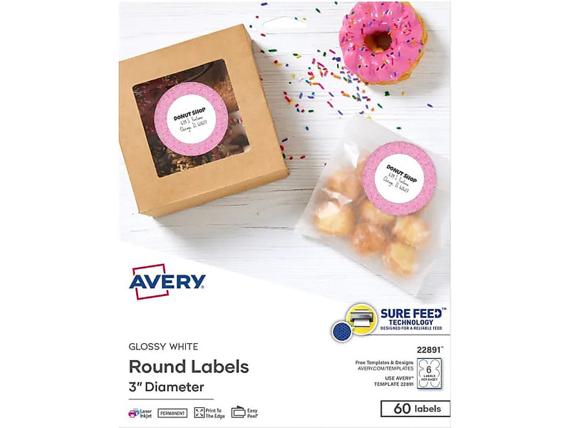 Avery Sure Feed Laser/Inkjet Round Labels, 3" Dia, Glossy White, 60 Labels/Pack (22891)