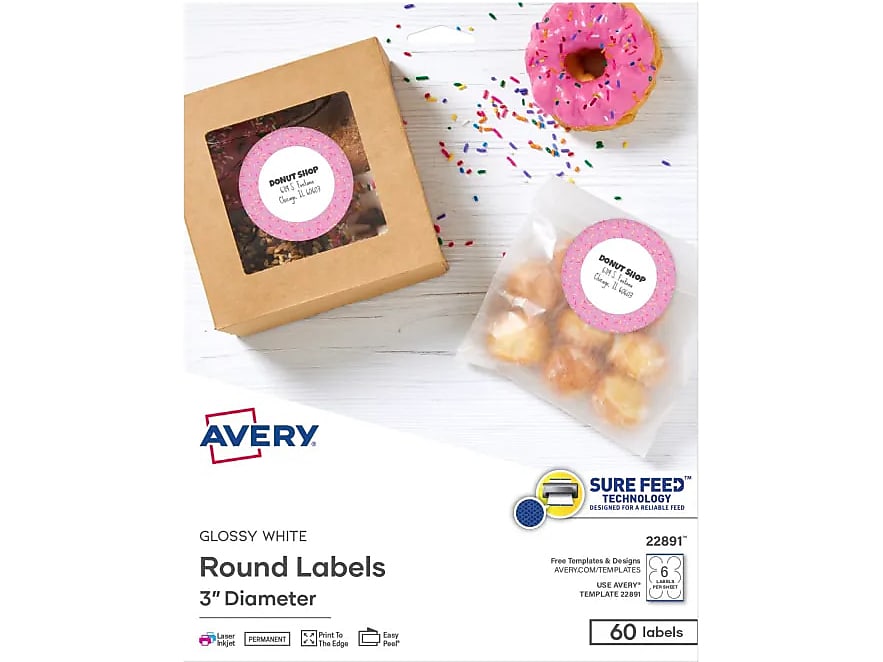 Avery Sure Feed Laser/Inkjet Round Labels, 3" Dia, Glossy White, 60 Labels/Pack (22891)