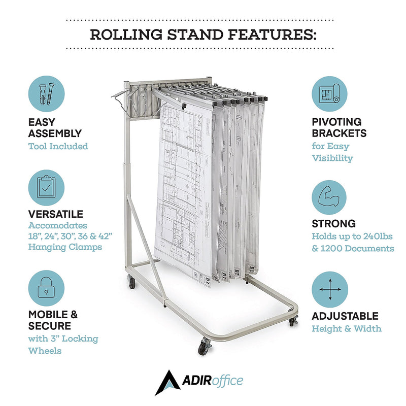 AdirOffice Steel Vertical File Blueprint Rolling Storage Stand, Grey (613-KIT1)