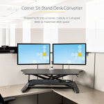StarTech Adjustable Large Surface Corner Sit Stand Desk Converter for Dual Monitors, Keyboard Tray, 35" x 21" (ARMSTSCORNR)