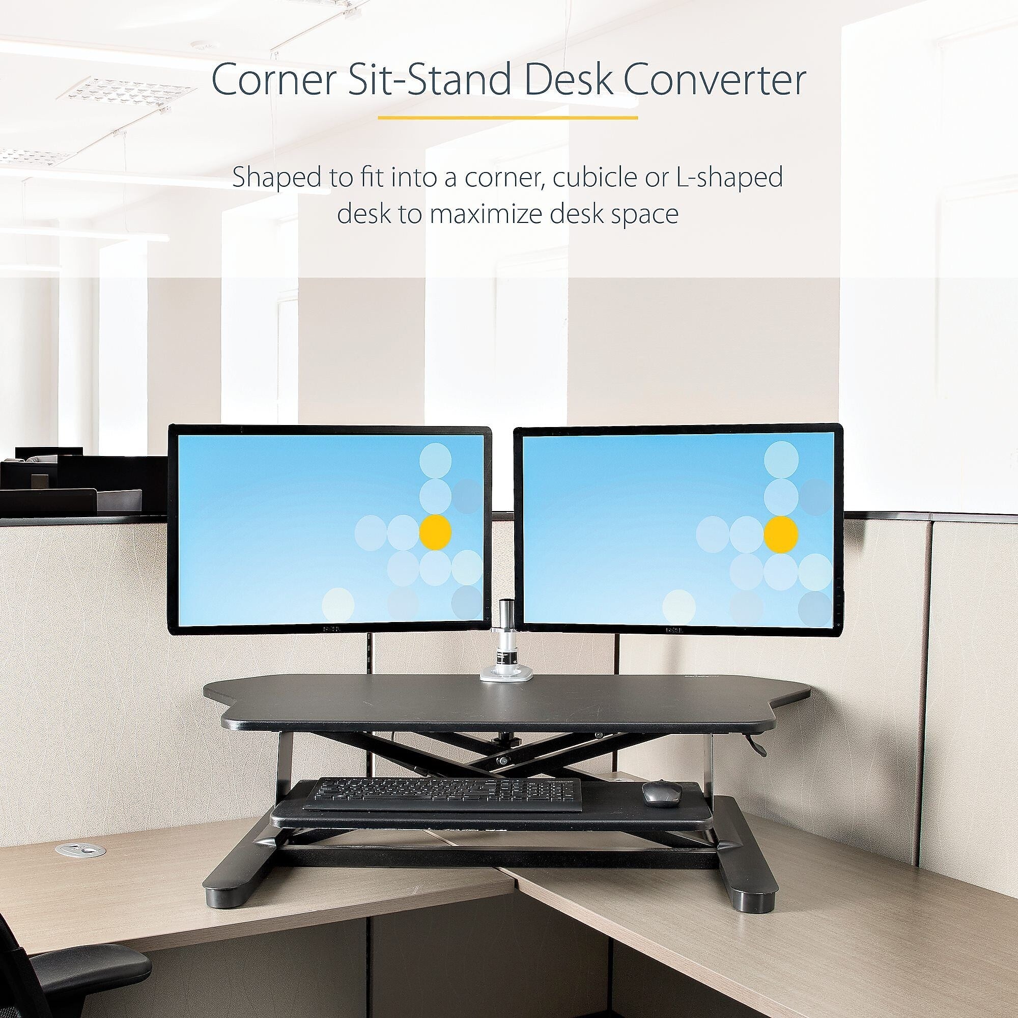 StarTech Adjustable Large Surface Corner Sit Stand Desk Converter for Dual Monitors, Keyboard Tray, 35" x 21" (ARMSTSCORNR)