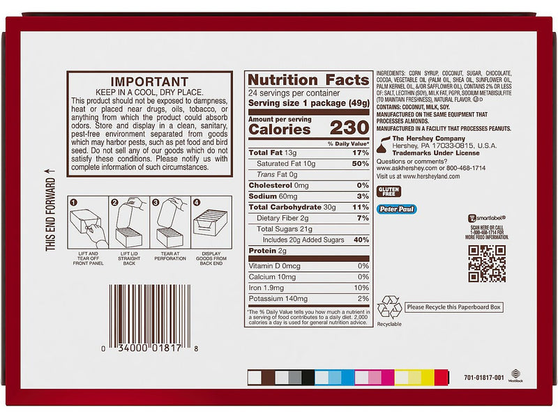 Mounds Coconut and Dark Chocolate Candy Bar, 42 oz., 24/Box (34000-01817)