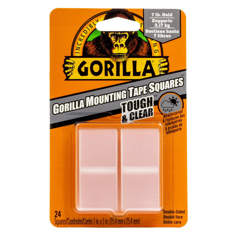 Gorilla Tough & Clear Double-Sided Mounting Tape Squares, 1" x 1", 24/Pack, Clear (6067202)