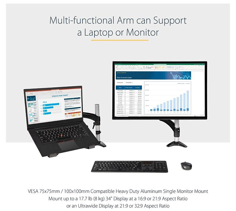 StarTech Adjustable Desk Mount Laptop Arm for 34" Monitor, Black/Silver (ARMUNONB1)