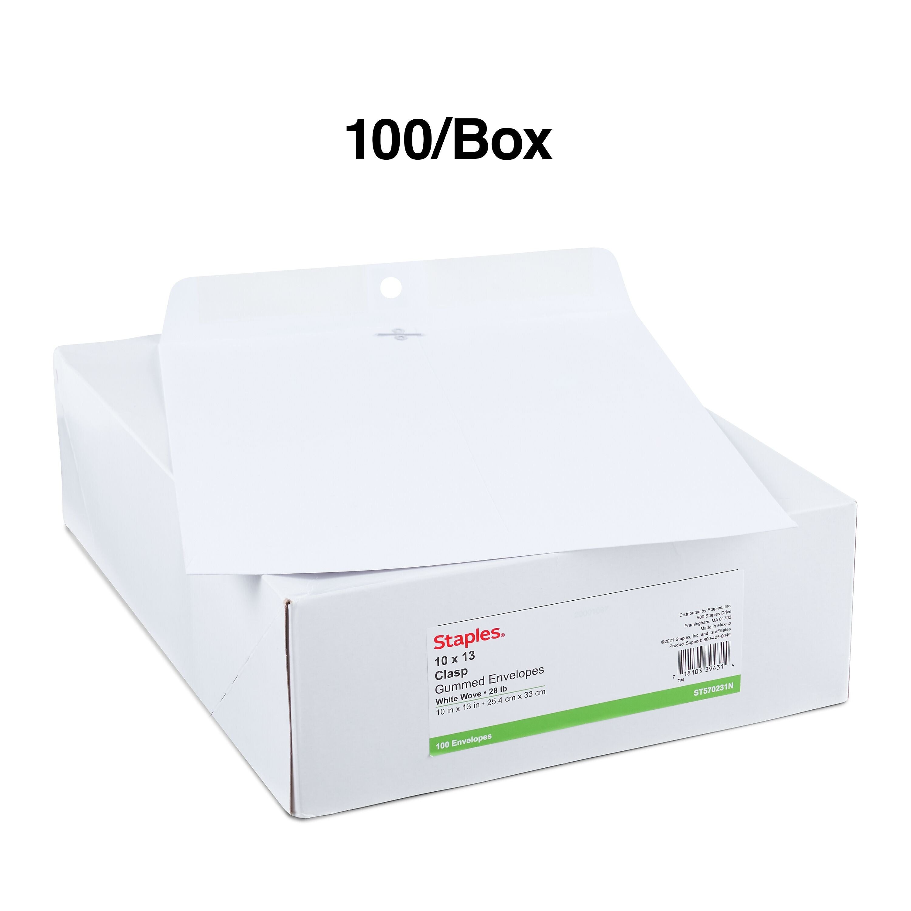 Staples Clasp & Gummed Catalog Envelopes, 10"L x 13"H, Bright White, 100/Box (570231N)