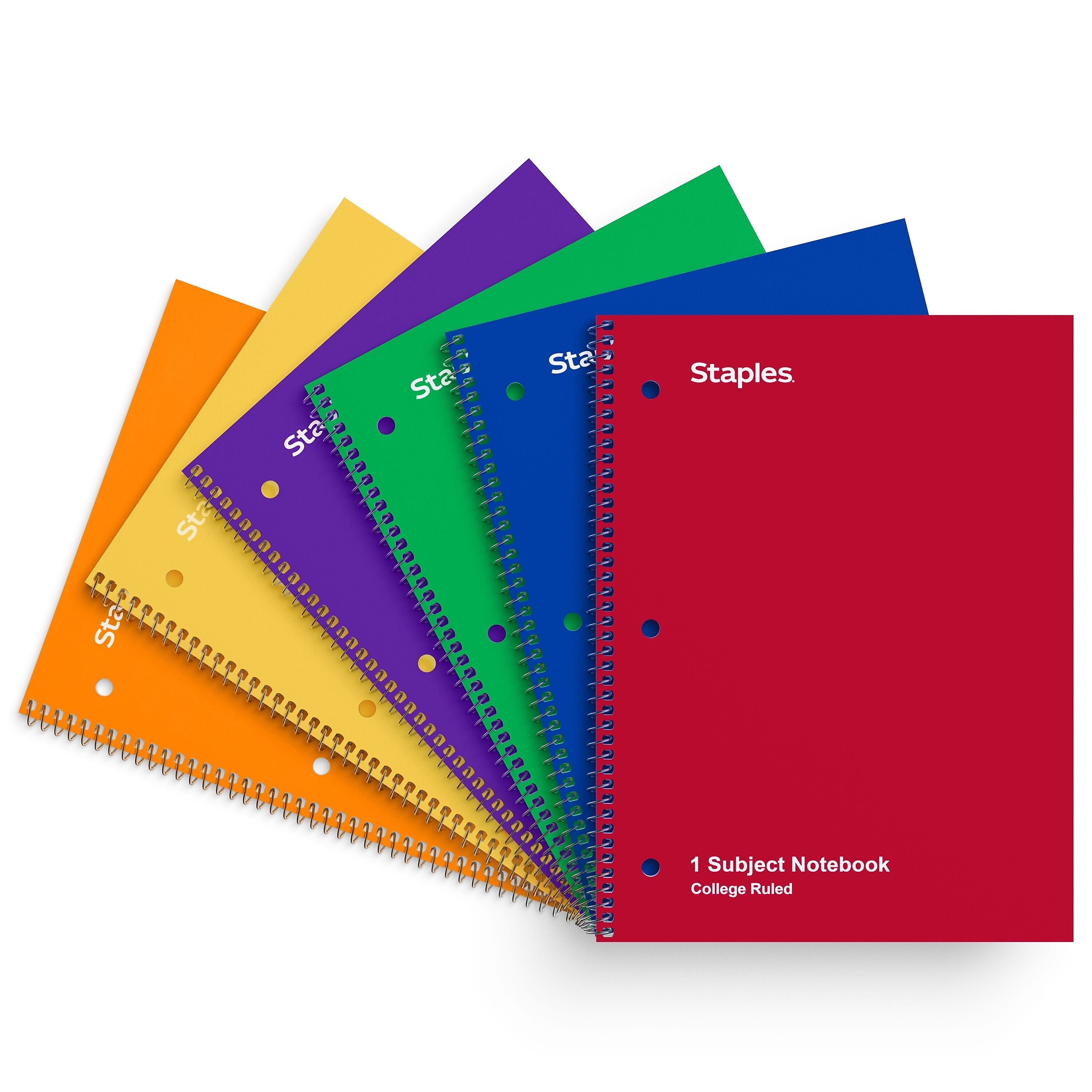 Staples 1-Subject Notebooks, 8" x 10.5", College Ruled, 70 Sheets, Assorted Colors, 6/Pack (ST58376C)