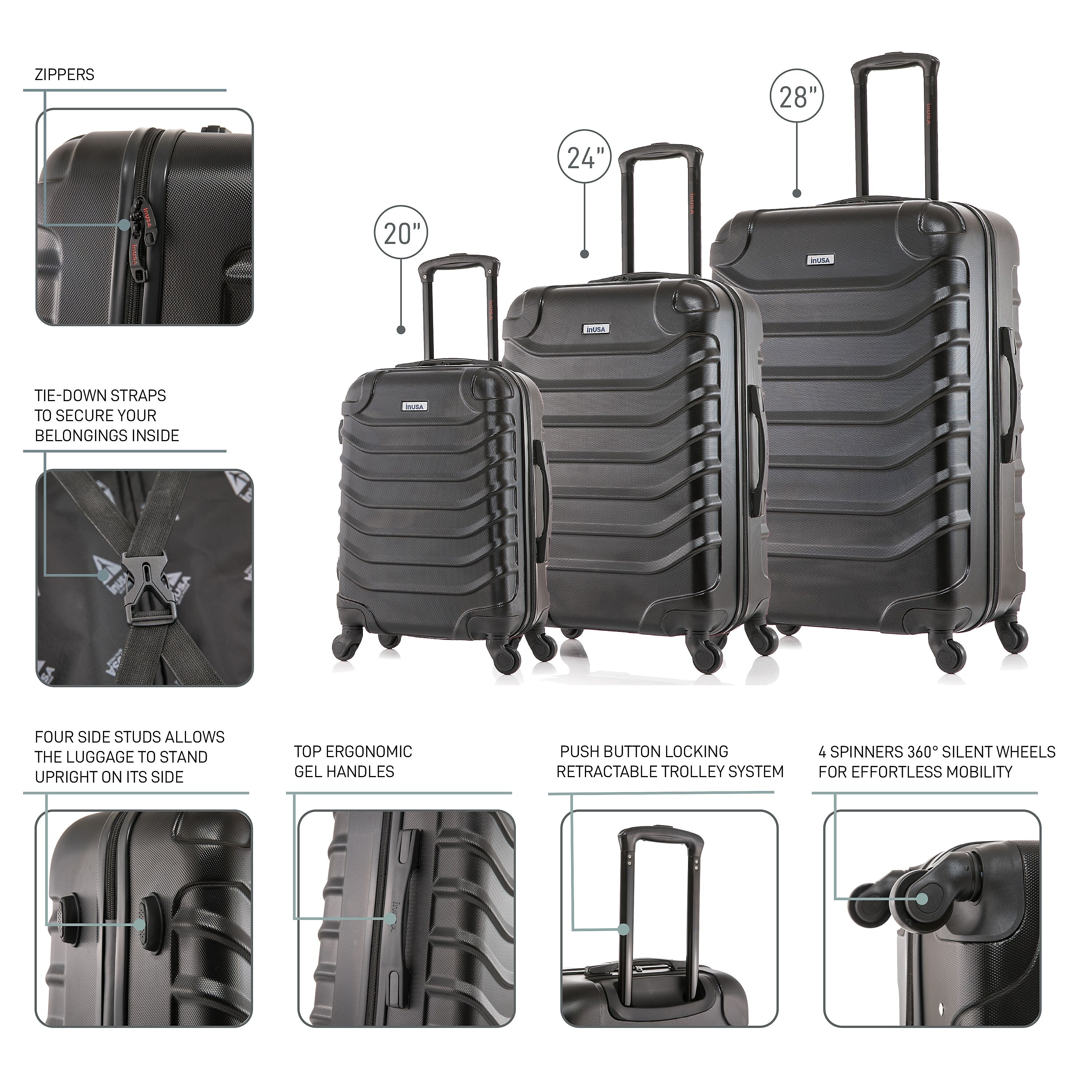 InUSA Endurance 3-Piece Hardside Spinner Carry-On Luggage Set, TSA Checkpoint Friendly, Black (IUENDSML-BLK)