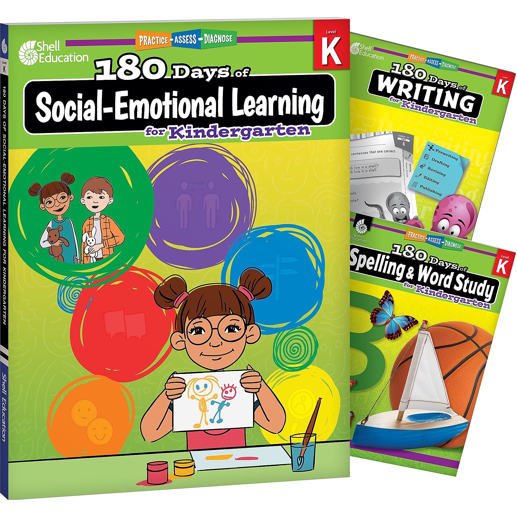 Shell Education 180 Days Social-Emotional Learning, Writing, & Spelling Grade K, 3/Set (SEP147652)