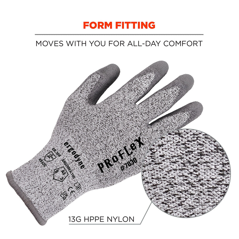 Ergodyne ProFlex 7030 PU Coated Cut-Resistant Gloves, ANSI A3, Gray, Medium, 12 Pair (10453)