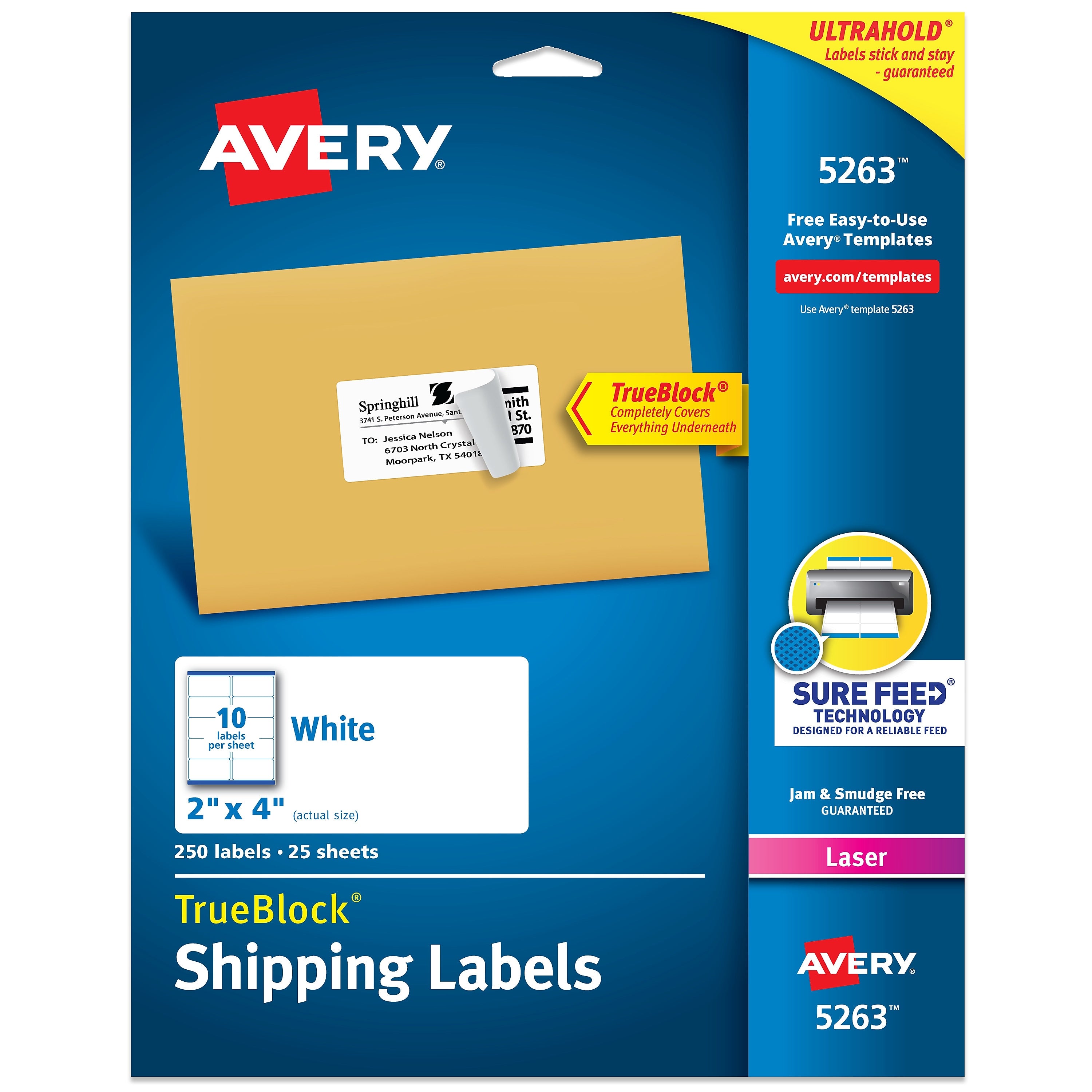Avery TrueBlock Laser Shipping Labels, 2" x 4", Matte White, 250 Labels/Pack (5263)