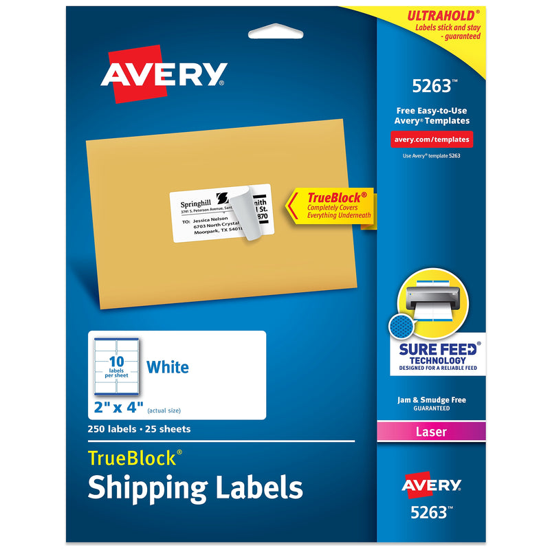 Avery TrueBlock Laser Shipping Labels, 2" x 4", Matte White, 250 Labels/Pack (5263)