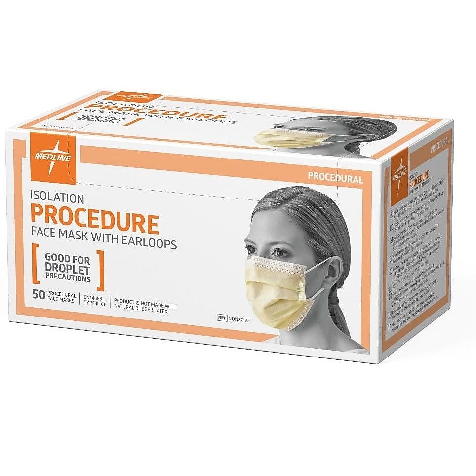 Medline Isolation Face Masks with Earloops, Yellow, 50/Box (NON27122Z)
