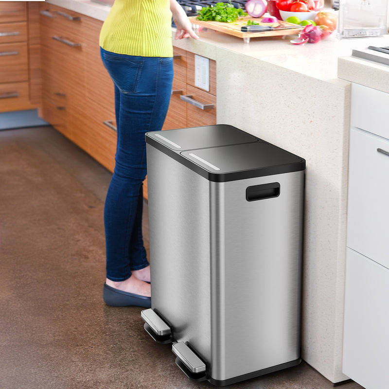 iTouchless SoftStep Stainless Steel Combo Step Pedal Kitchen Trash Can and Recycle Bin with Dual Odor Filters, 16 Gallon