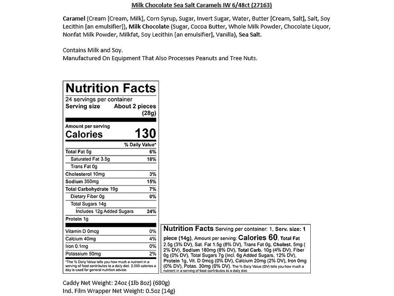 Sanders Small Batch Wonders Snack-Size Sea Salt Milk Chocolate Caramels, 24 oz., 48 Pieces/Box (27163)