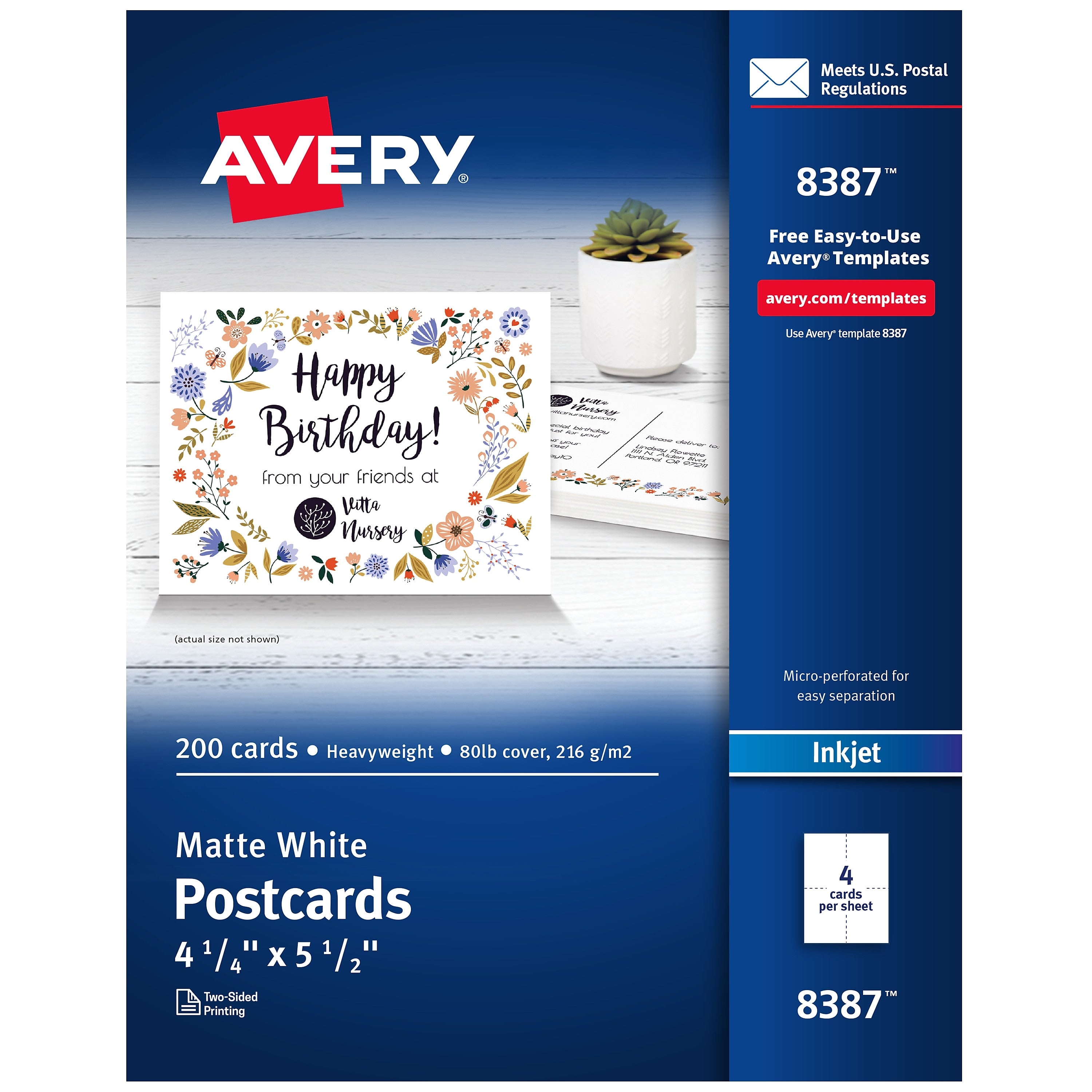 Avery Matte General Use Postcards, Matte White, 4.25" x 5.5", Inkjet, 200/Pack (08387)