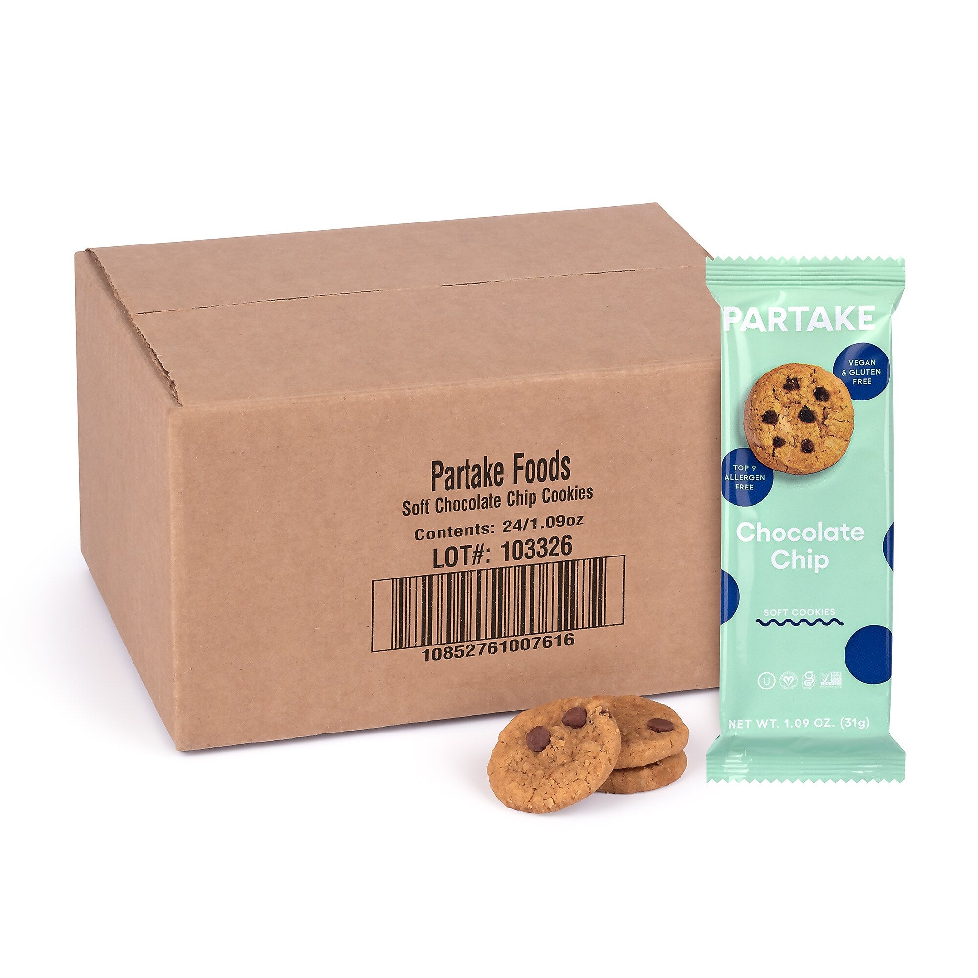 Partake Gluten Free Soft Chocolate Chip Cookie Snack Pack, 1.09 oz., 24/Pack (220-02418)