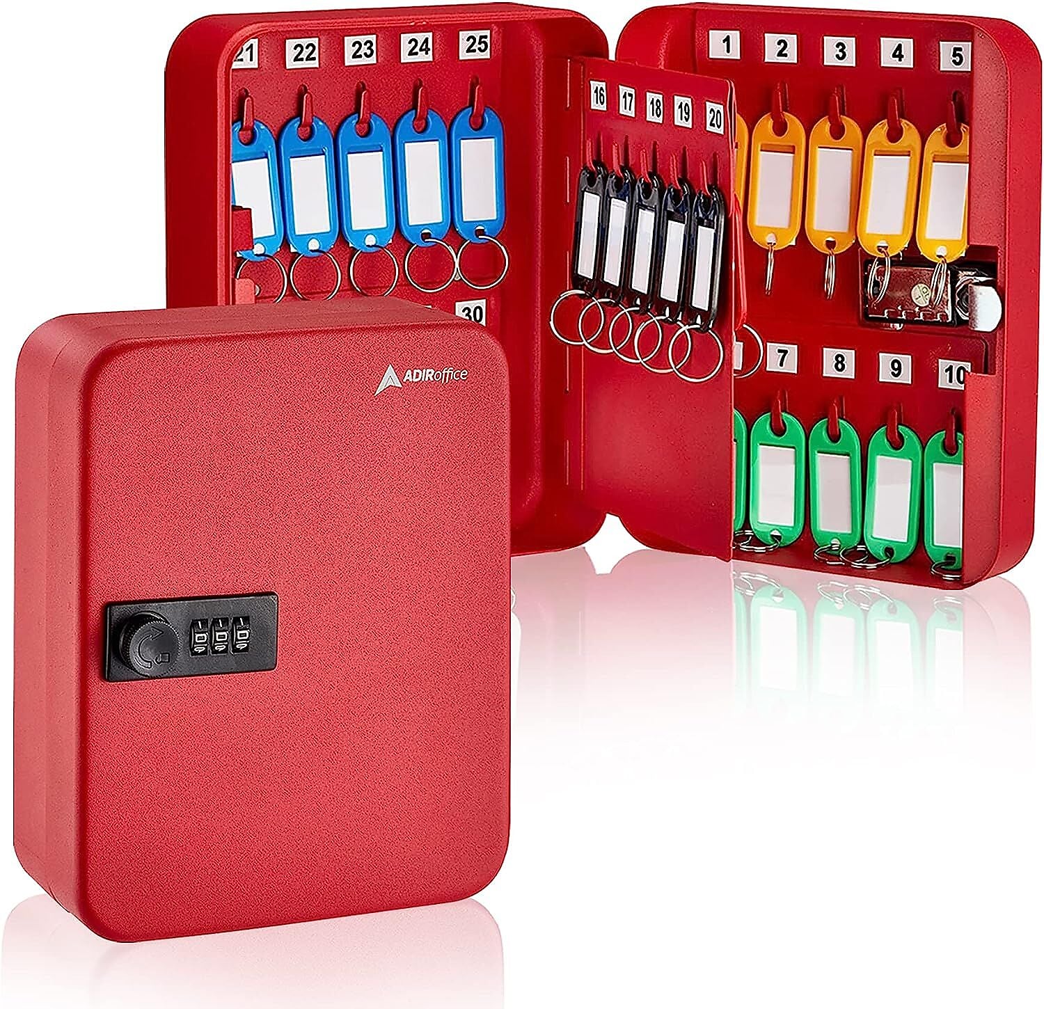 AdirOffice 30-Key Cabinet with Combination Lock and Key Tags, Red (682-30-RED-689-PKG)