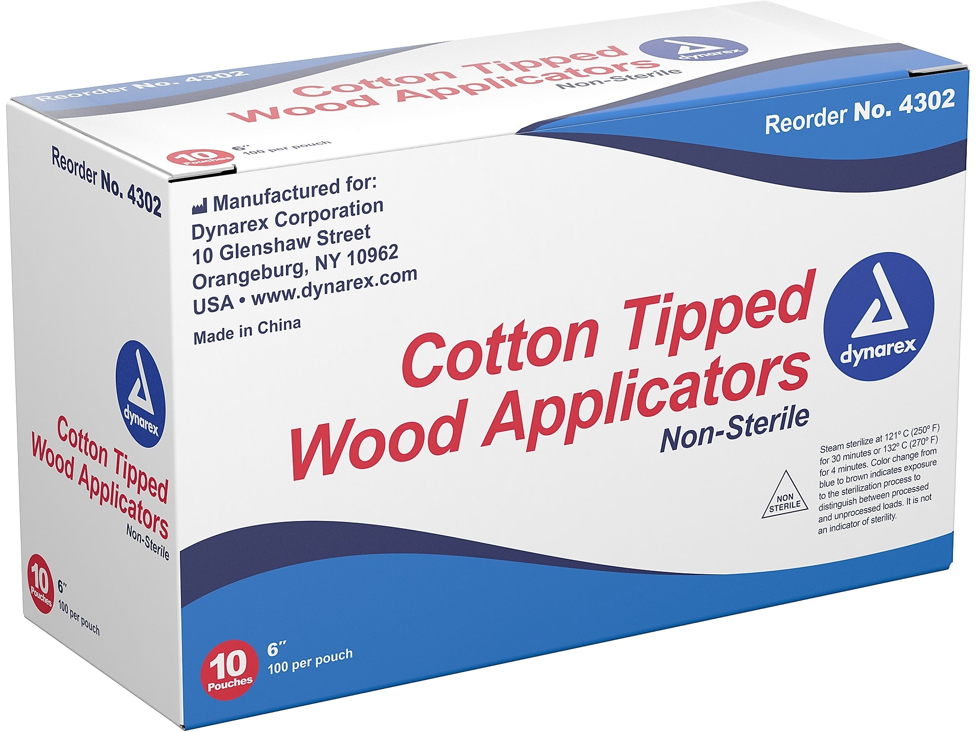 Dynarex Cotton-Tipped Applicator, Non-Sterile, 100/Pouch, 10 Pouches/Box, 10 Boxes/Carton (4302)