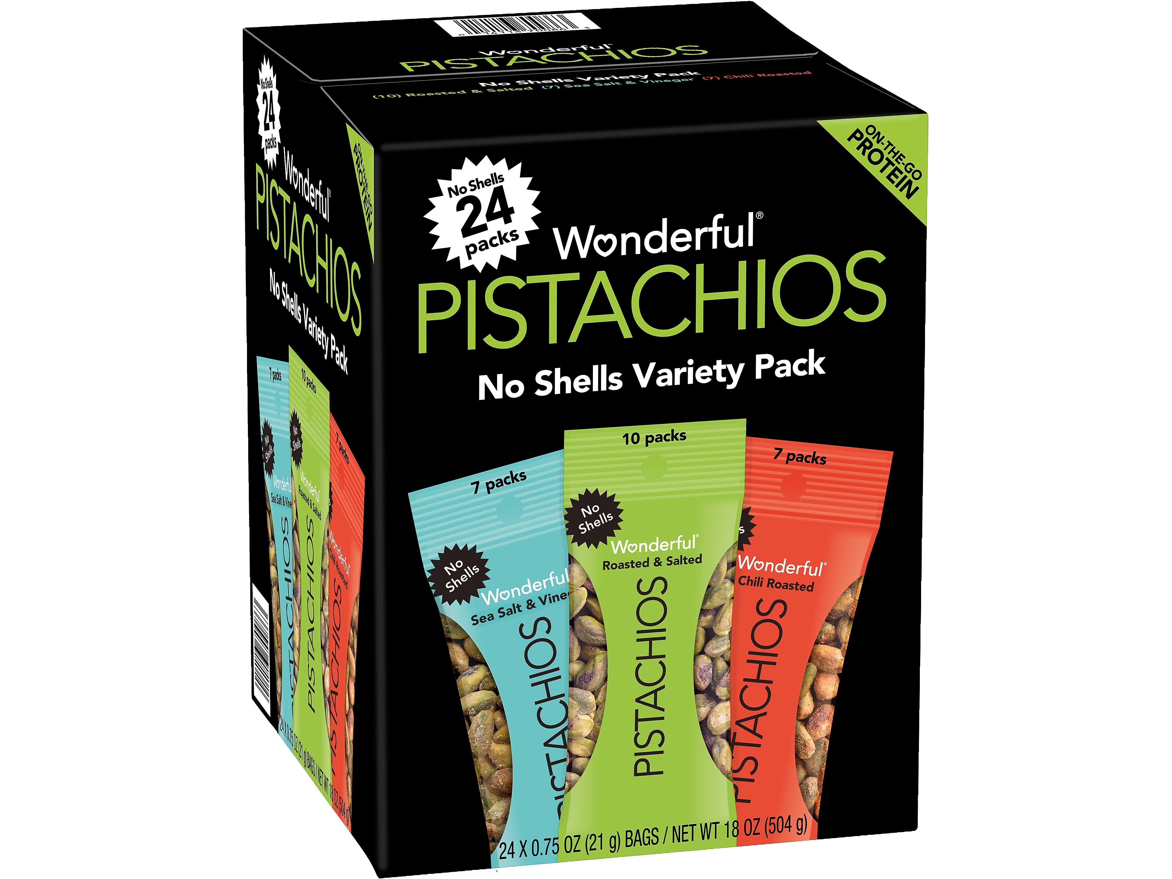 Wonderful Pistachios Variety Pack, No Shells, 0.75 oz., 24 Bags/Box (070146A29V)