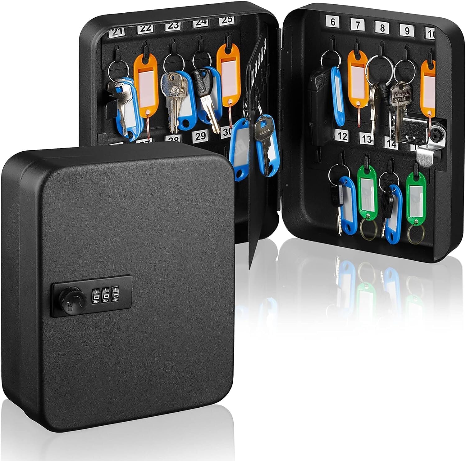 AdirOffice 30-Key Cabinet with Combination Lock and Key Tags, Black (682-30-BLK-689-PKG)