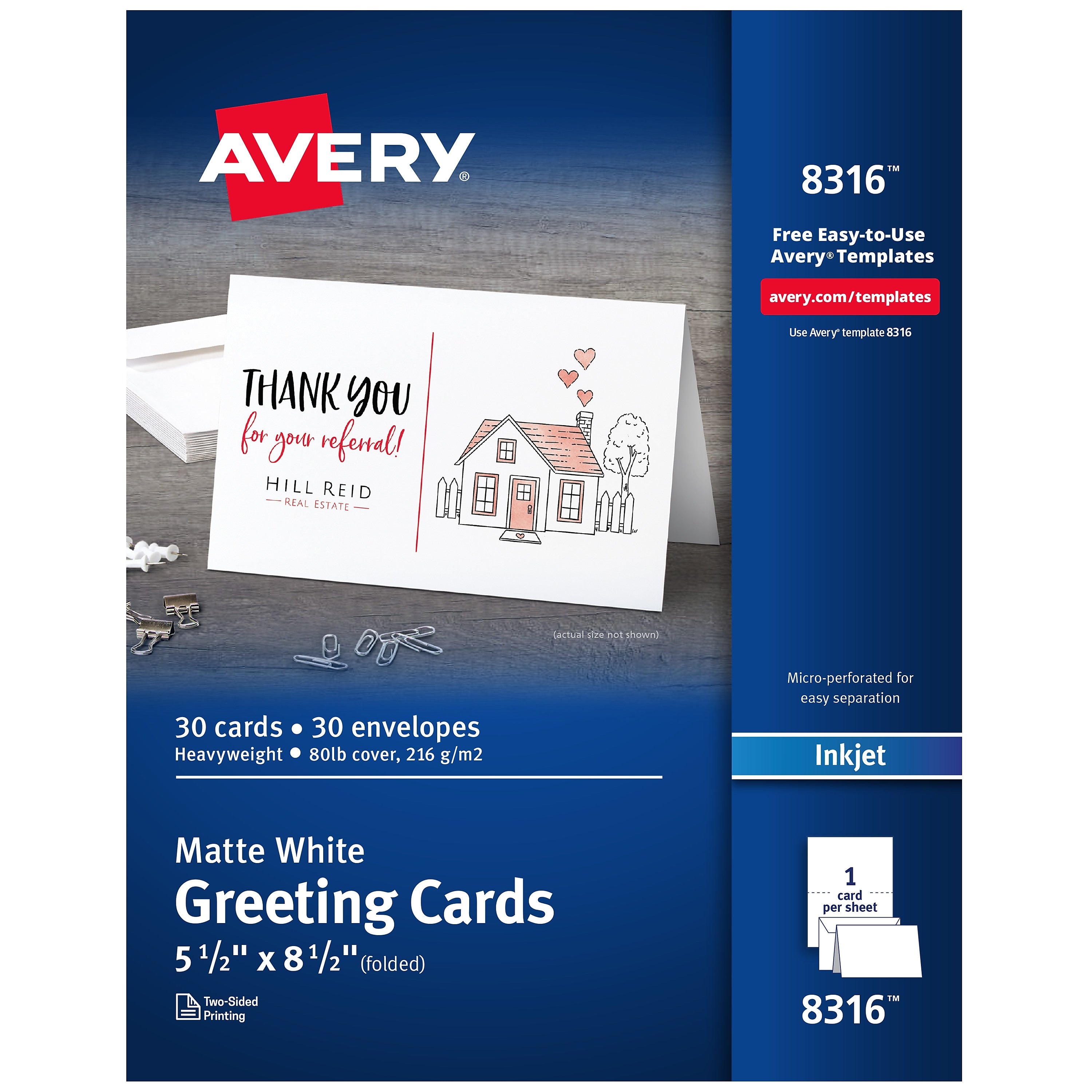 Avery Half-Fold Greeting Cards with Envelopes, 5.5" x 8.5", Matte White, Inkjet, 30/Pack (08316)