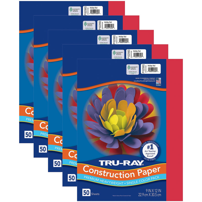 Tru-Ray 9" x 12" Construction Paper, Holiday Red, 50 Sheets/Pack, 5 Packs/Bundle (PAC102993-5)