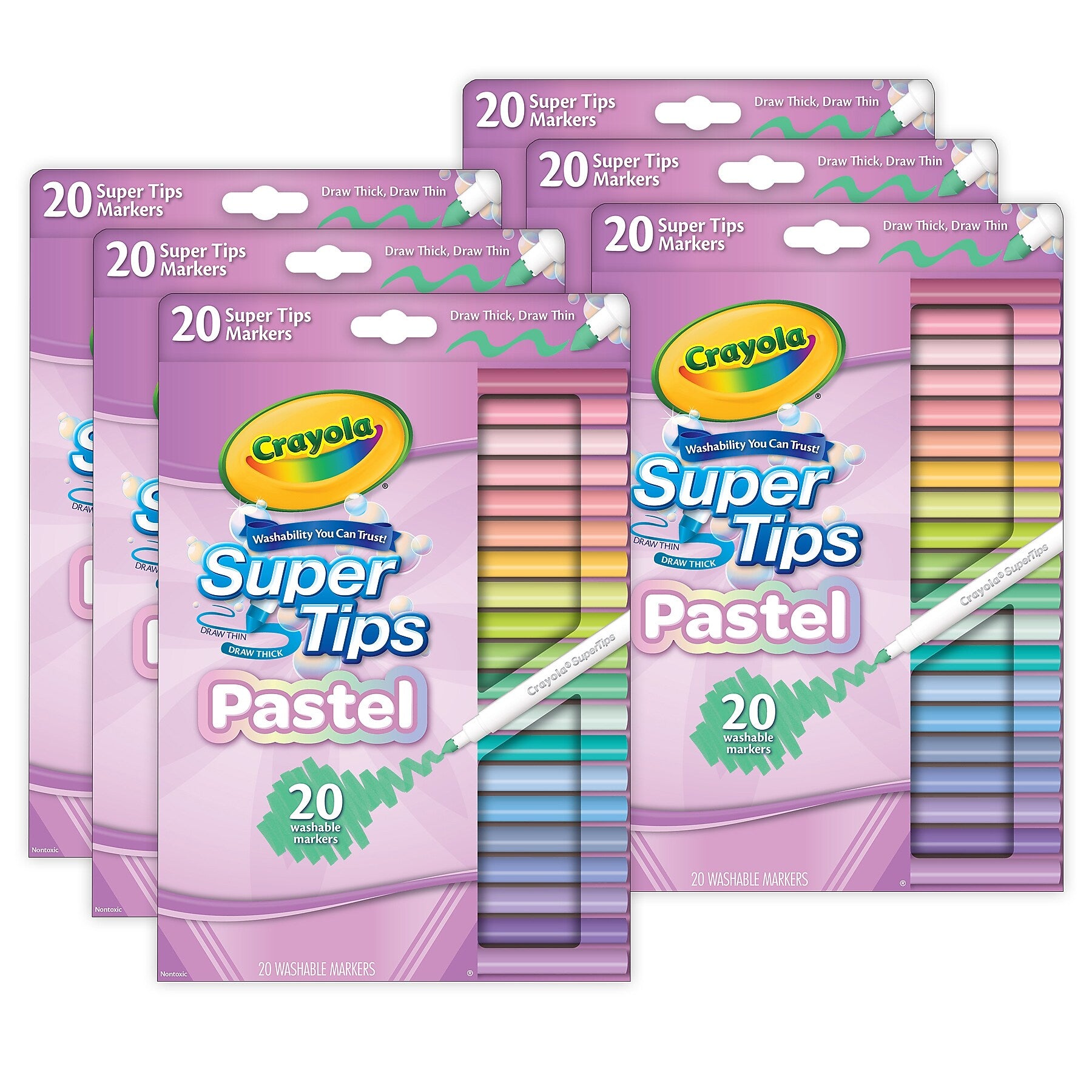 Crayola Supertips Pastel Washable Water Based Kids Marker, Assorted Colors, 20/Pack, 6 Packs/Bundle (BIN587516-6)