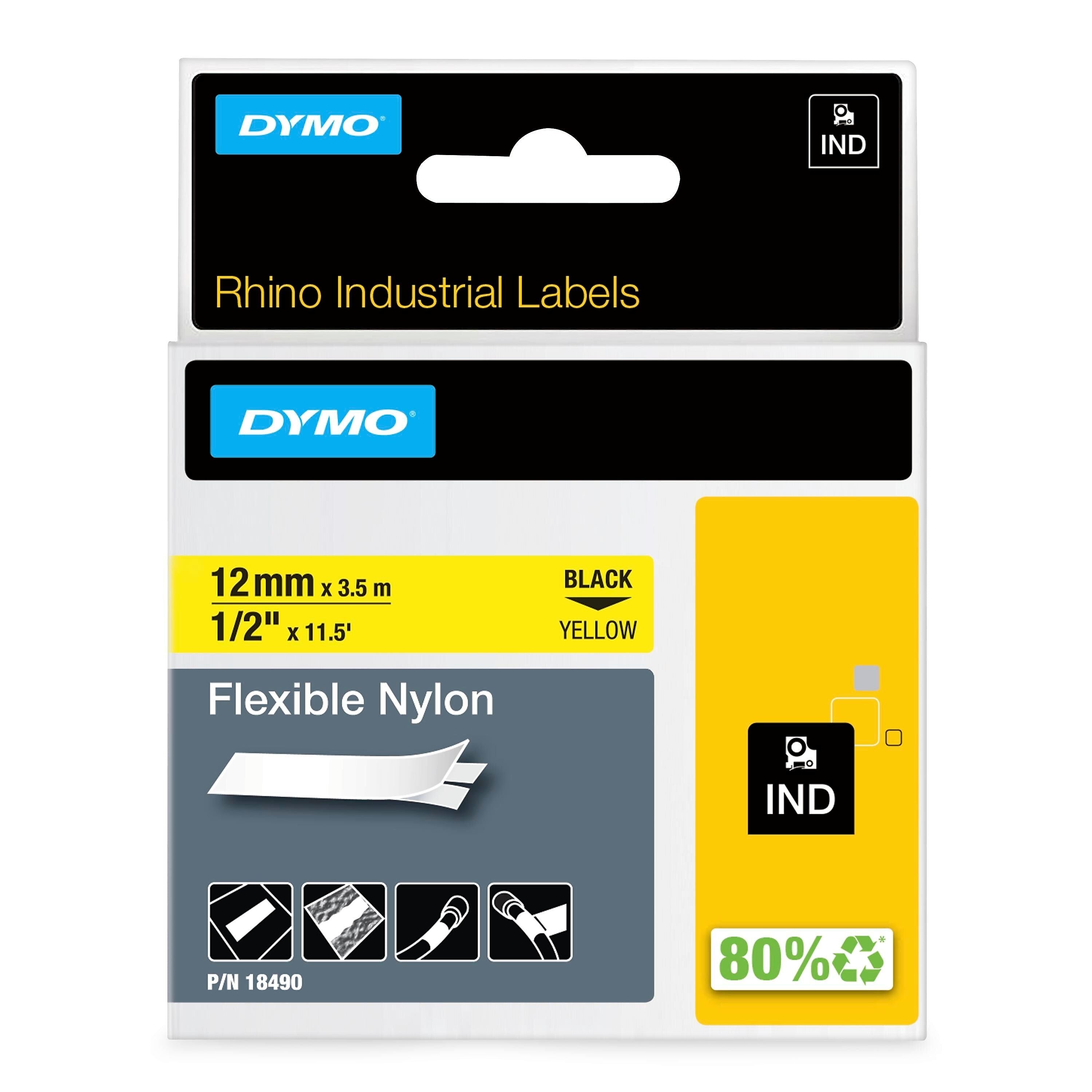 DYMO Rhino Industrial 18490 Flexible Nylon Label Maker Tape, 1/2" x 11-1/2', Black on Yellow (18490)
