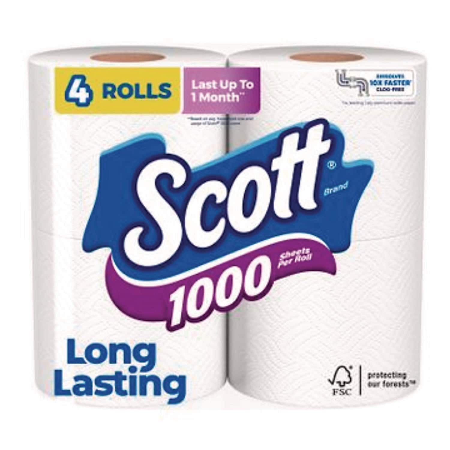 Scott 1000 Toilet Paper, 1-Ply, White, 1000 Sheets/RL, 4 Rolls/Pack, 12 Packs/Carton (KCM10183)