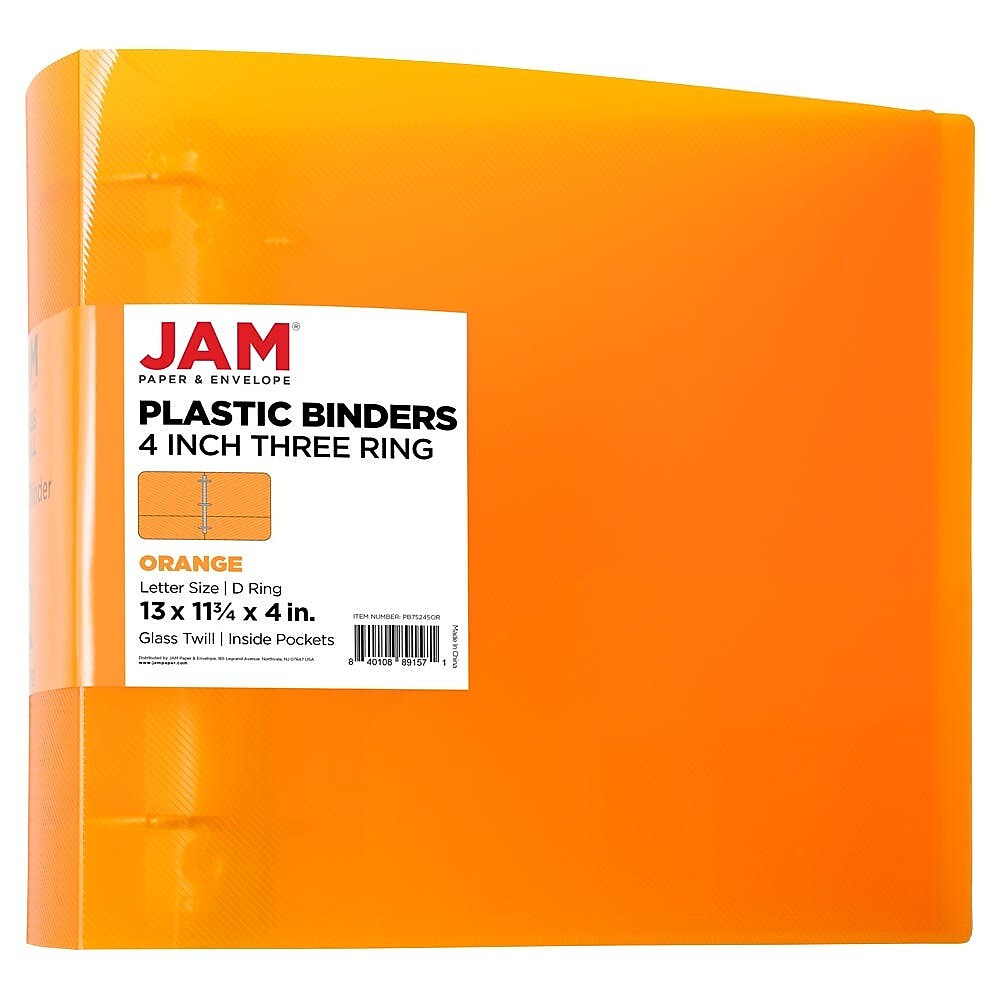 JAM Paper 4" 3-Ring Flexible Poly Binder, Orange (PB75245OR)