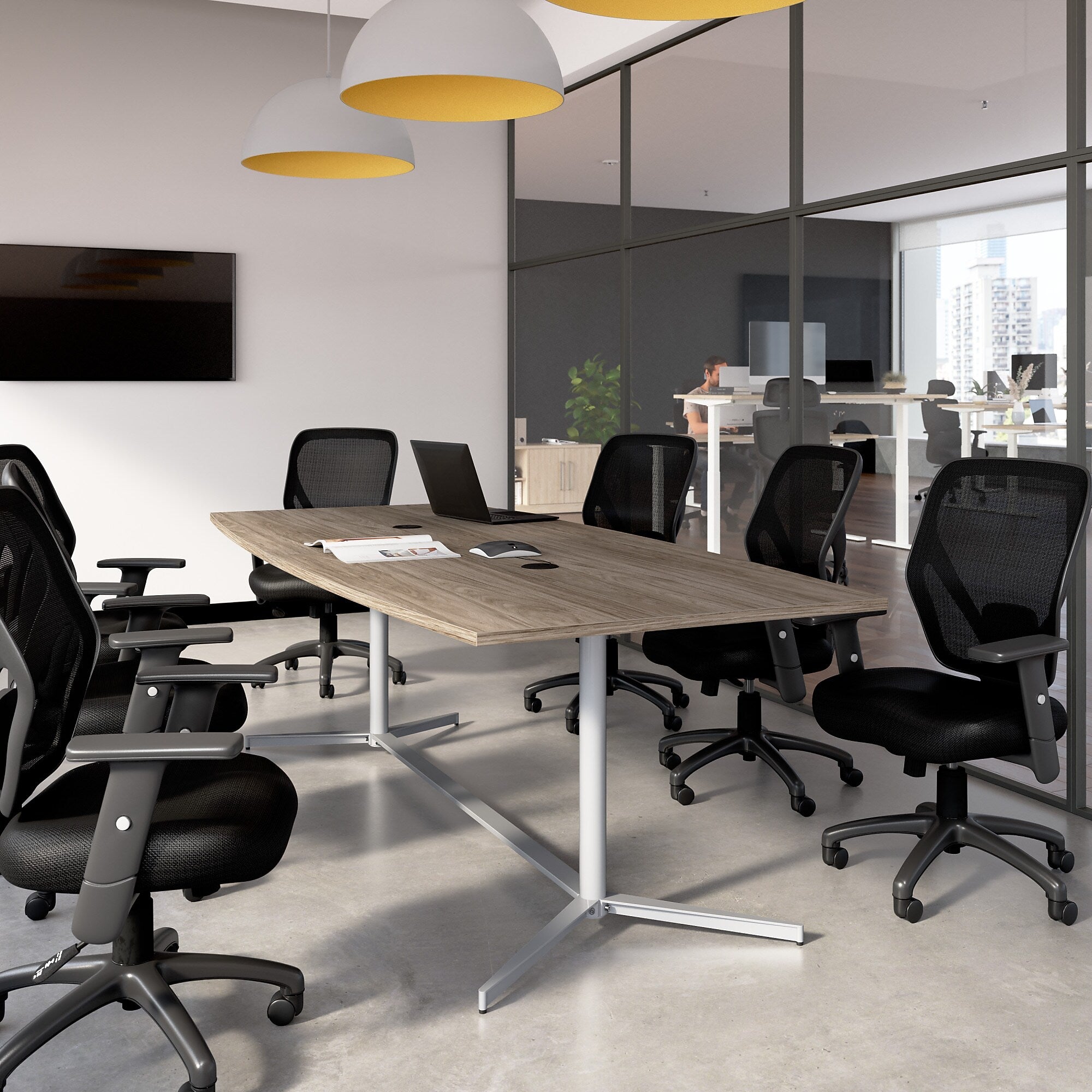 Bush Business Furniture 96W x 42D Boat Shaped Conference Table with Metal Base, Modern Hickory (99TBM96MHSVK)