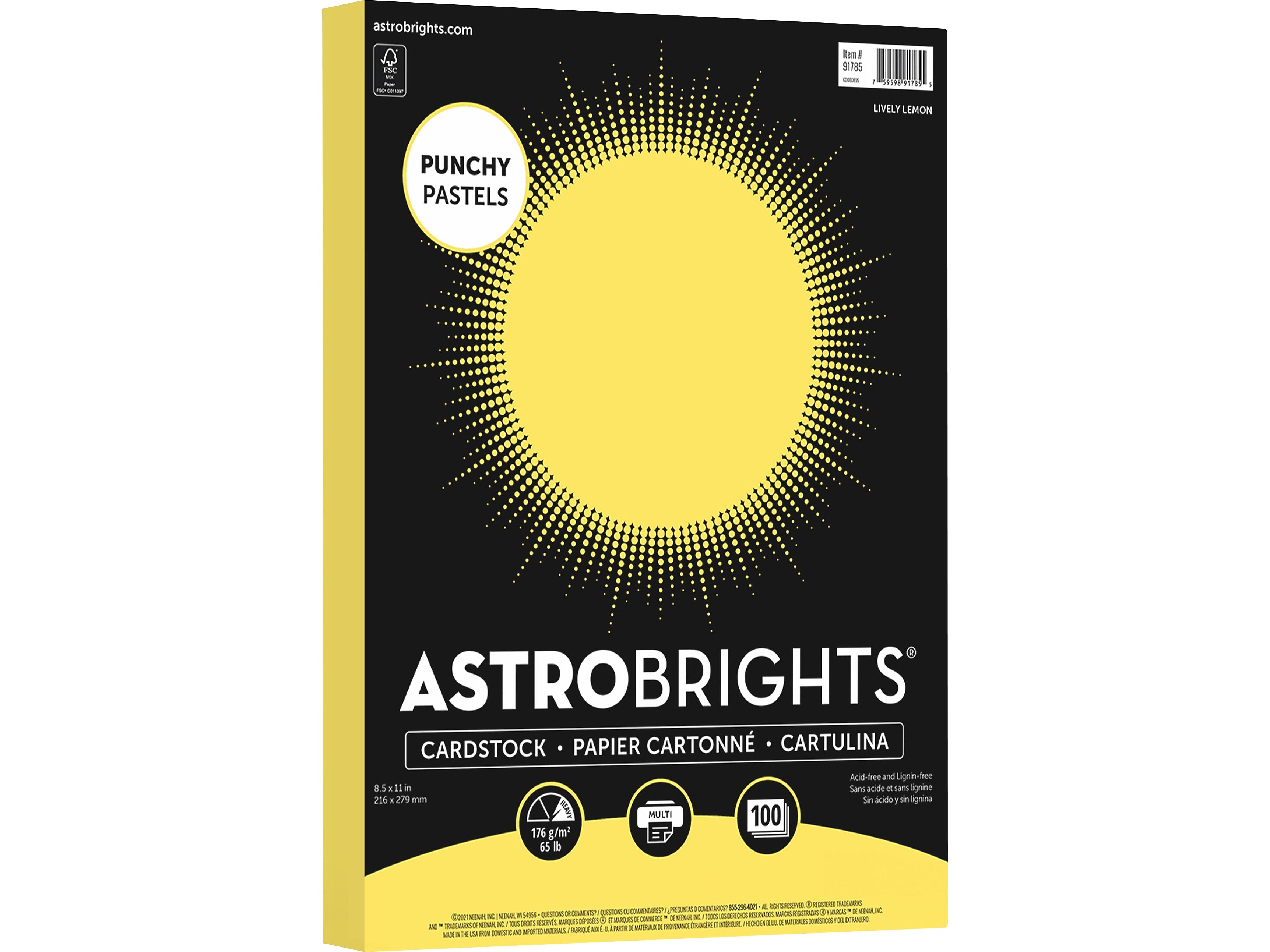 Astrobrights Punchy Pastels 65 lb. Cardstock Paper, 8.5" x 11", Lively Lemon, 100 Sheets/Ream (91785)