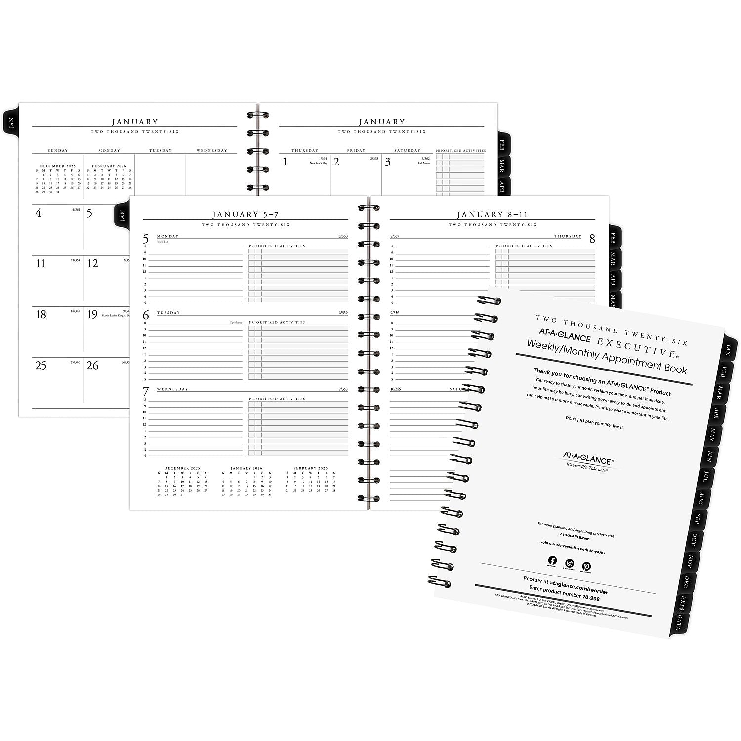2026 AT-A-GLANCE Executive 8.75" x 6.5" Weekly & Monthly Appointment Book Refill, White/Black (70-908-10-26)