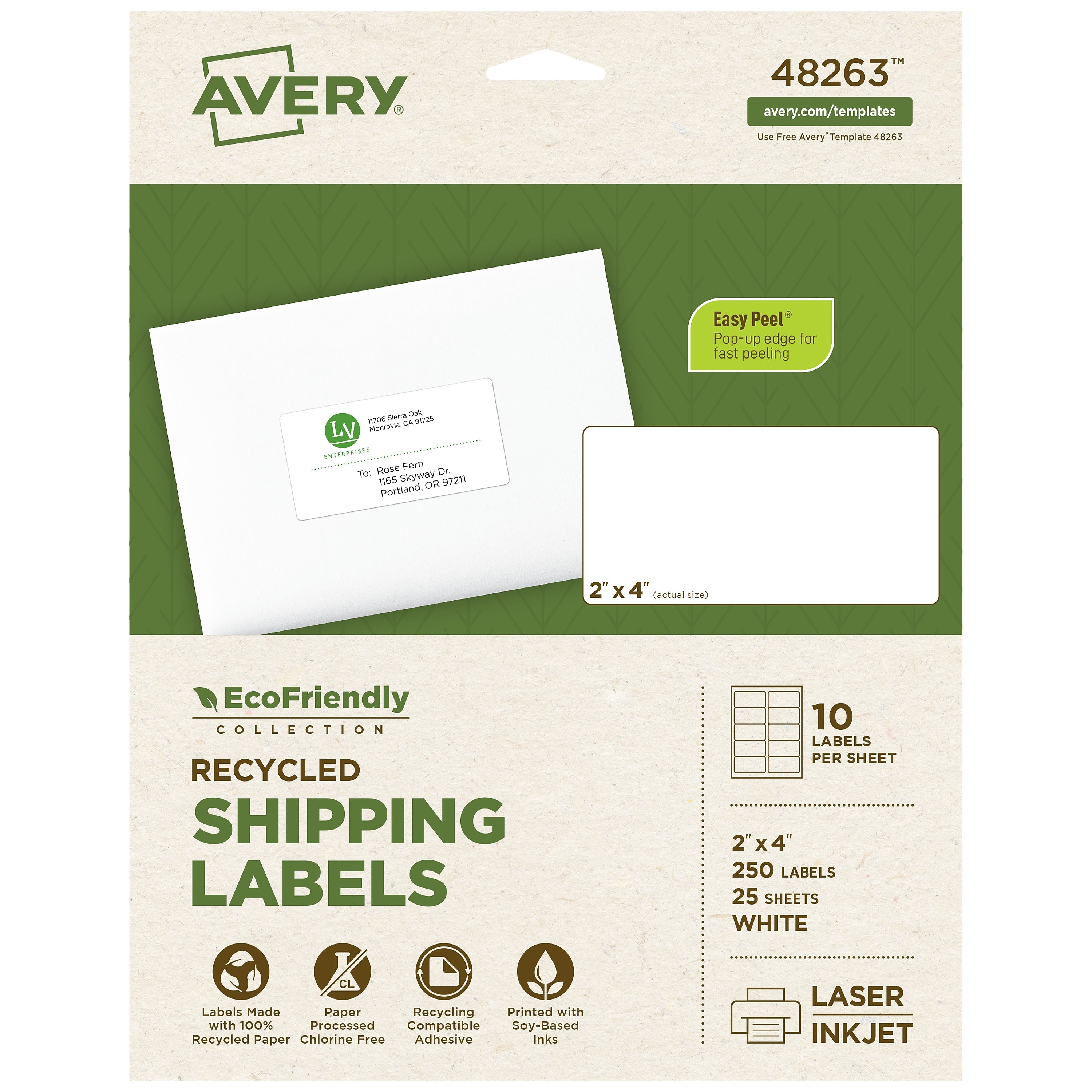 Avery EcoFriendly Laser/Inkjet Shipping Labels, 2" x 4", White, 250 Labels/Pack (48263)