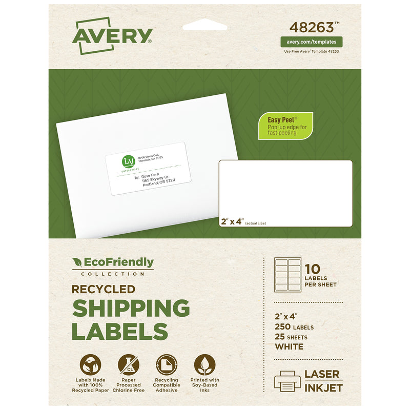 Avery EcoFriendly Laser/Inkjet Shipping Labels, 2" x 4", White, 250 Labels/Pack (48263)