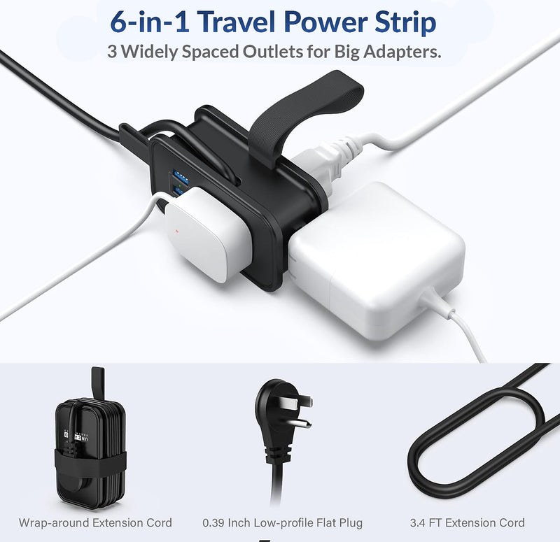 Uncaged Ergonomics 3-Outlet 3-USB Port Power Strip, 3', Black (TC-b)