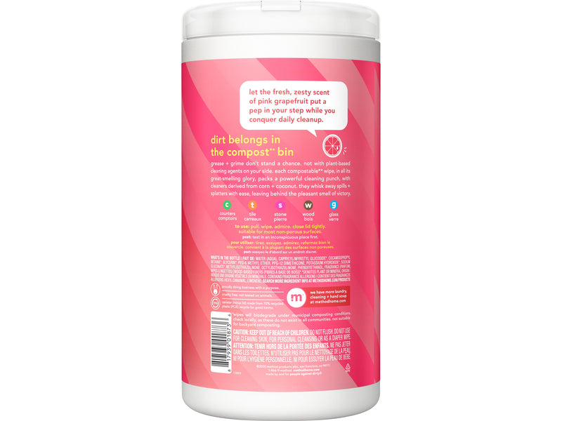 Method Disinfecting Wipes, Pink Grapefruit Scent, 70 Wipes/Canister (338527)