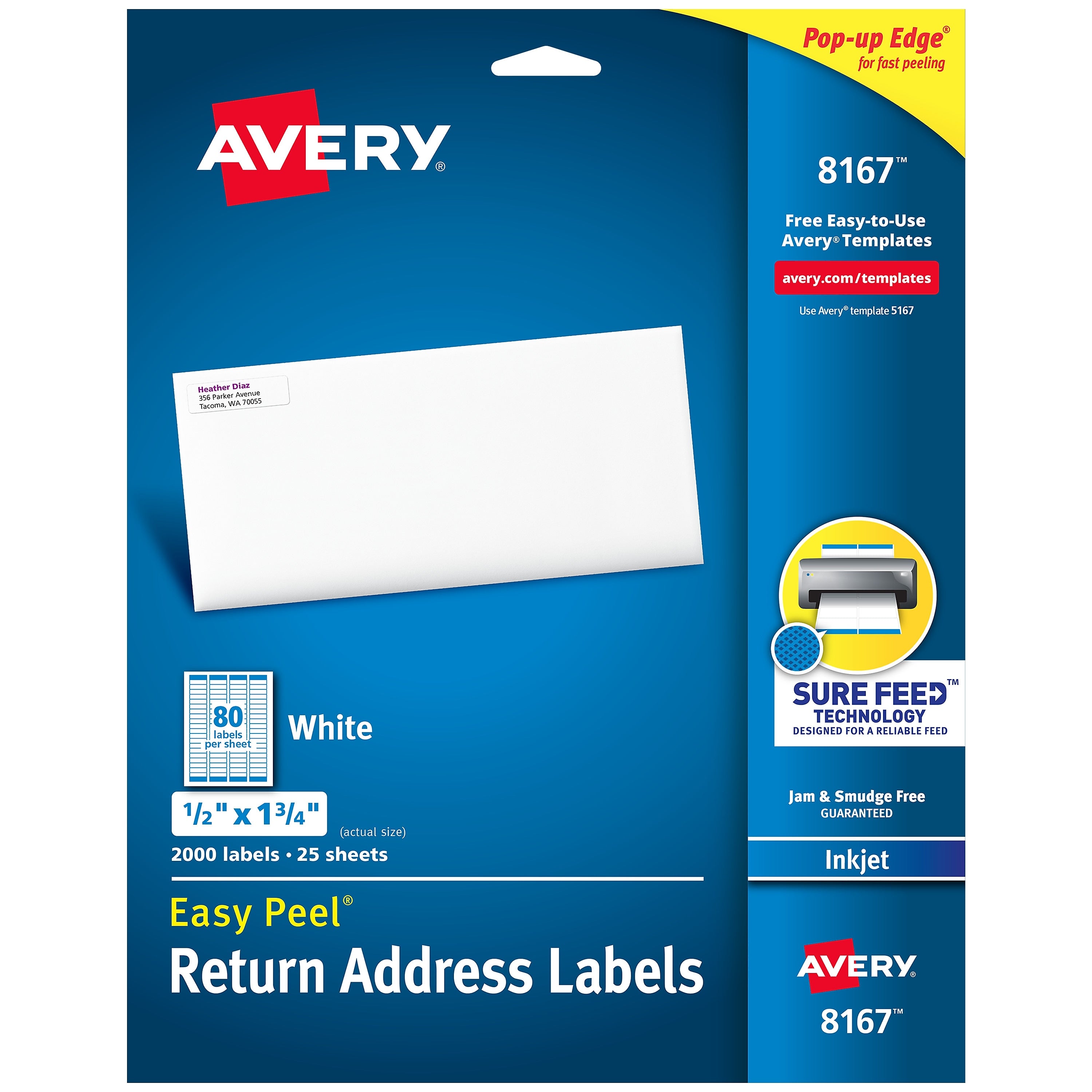 Avery Easy Peel Inkjet Return Address Labels, 1/2" x 1-3/4", White, 2,000 Labels/Pack (8167)