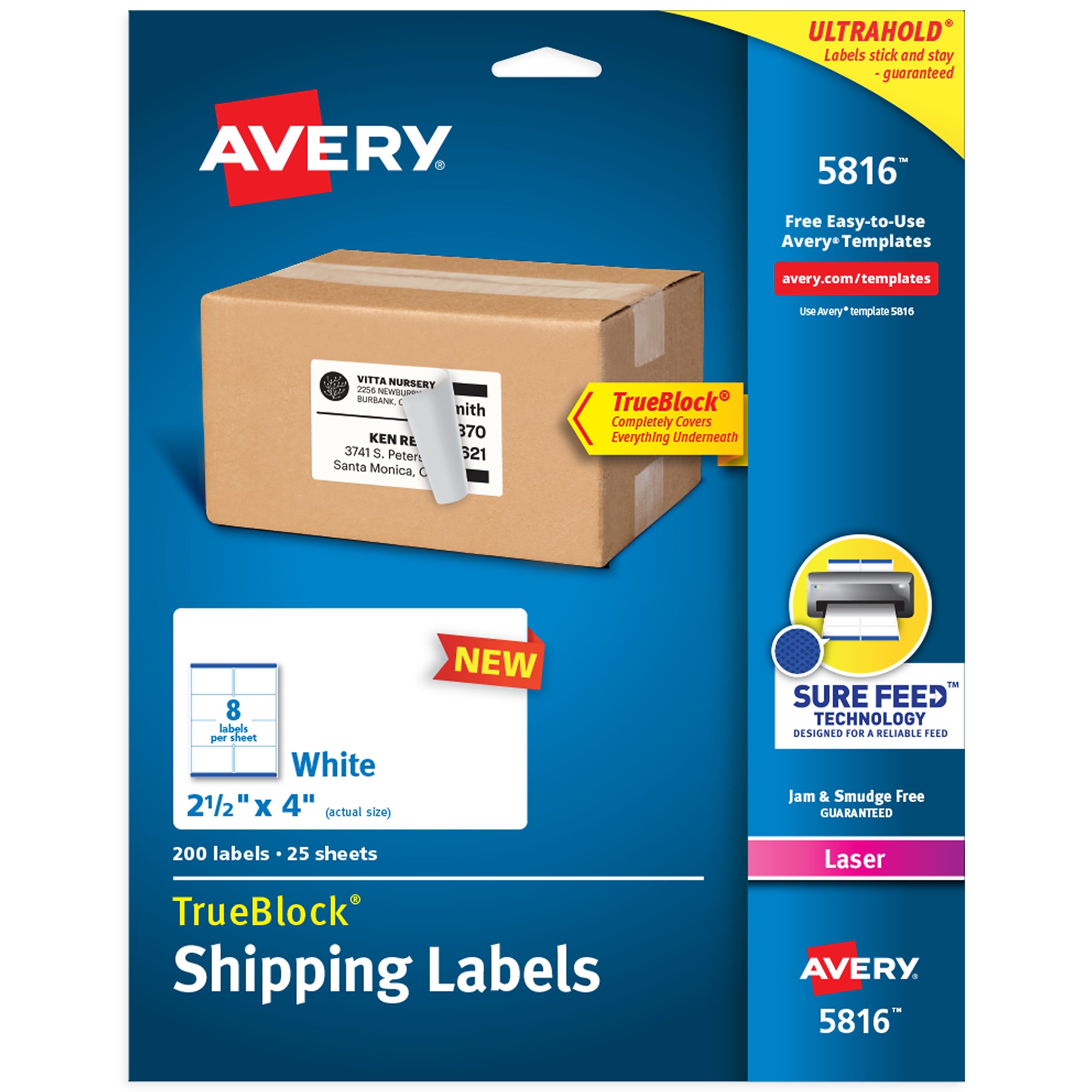 Avery TrueBlock Laser Shipping Labels, 2-1/2" x 4", White, 200 Labels/Pack (5816)