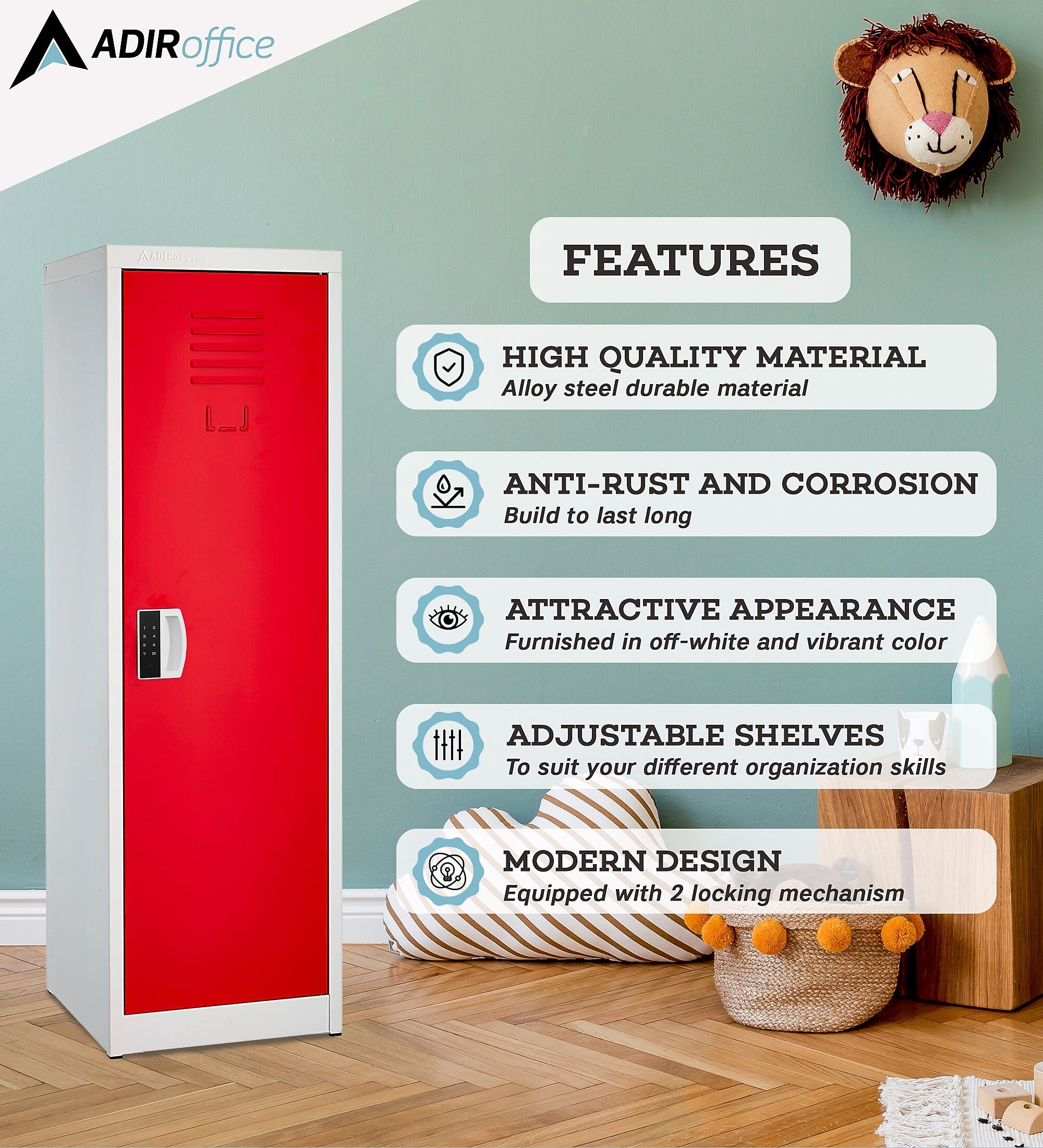 AdirOffice 48"H Single Tier Red Storage Locker (ADI629-01-RED-DL)