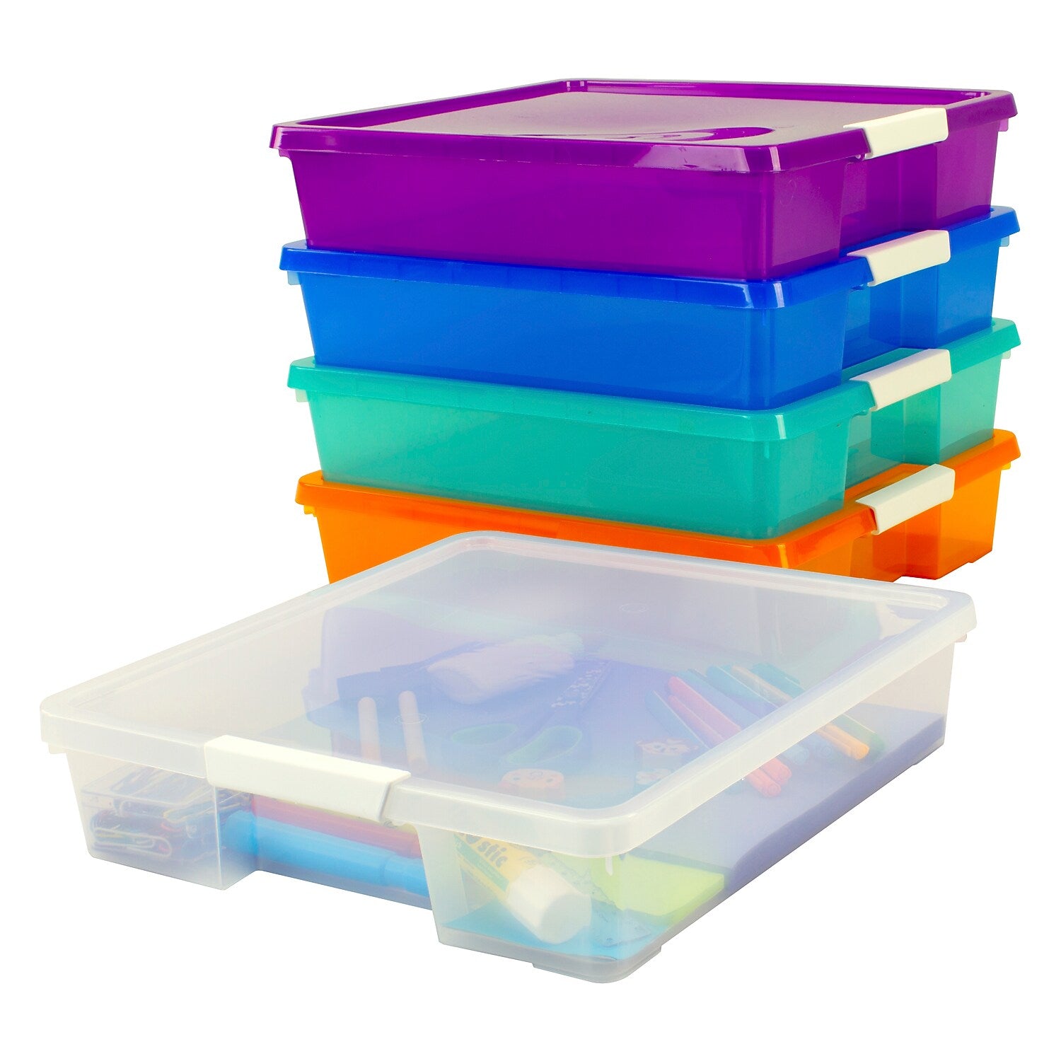 Storex Stack & Store Polypropylene Box Craft Organizer, 15" x 13" x 3", Assorted Colors, 5-Pack (STX63202U05C)