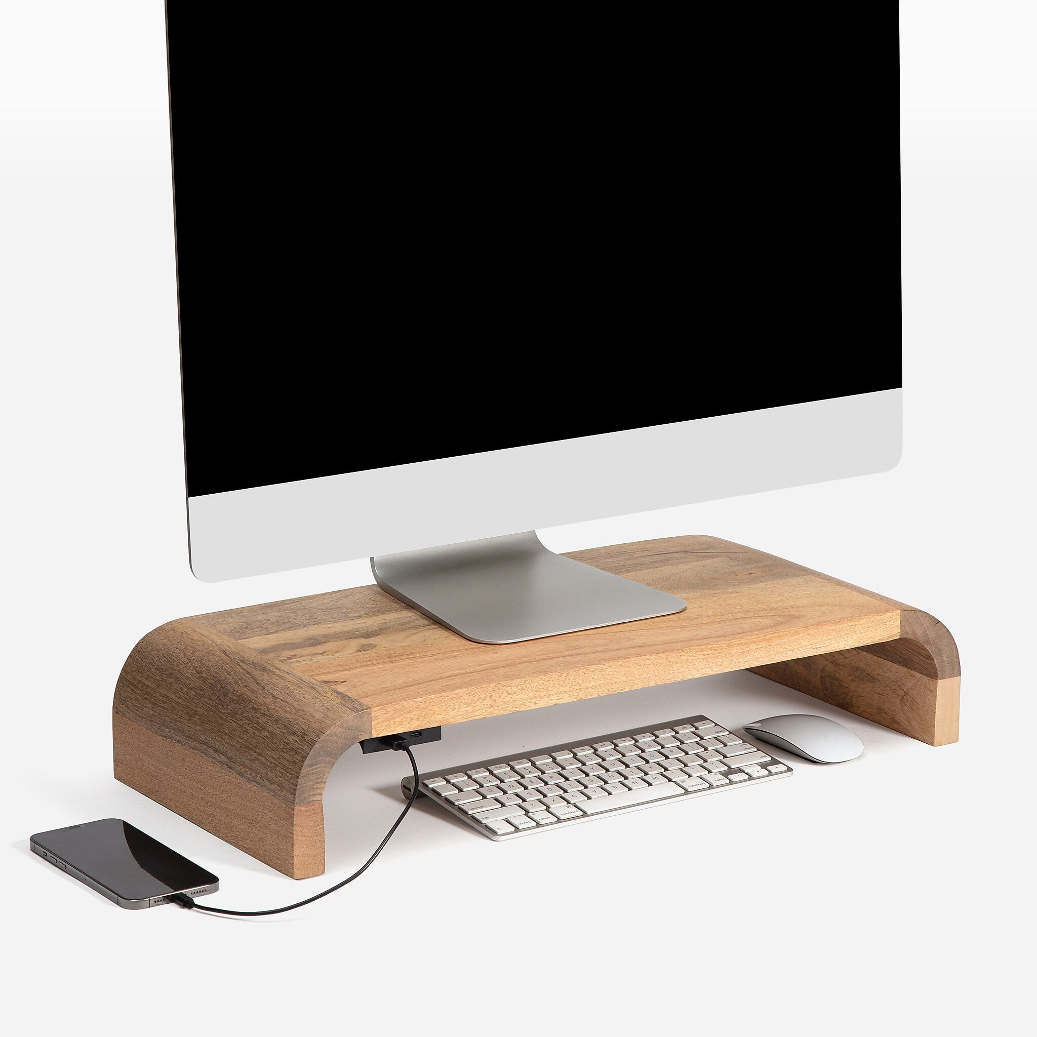 Anji Mountain Mango Wood Monitor Stand with Two USB Ports, Up to 32" Monitor, Natural (MS-CRV-MNG-P)