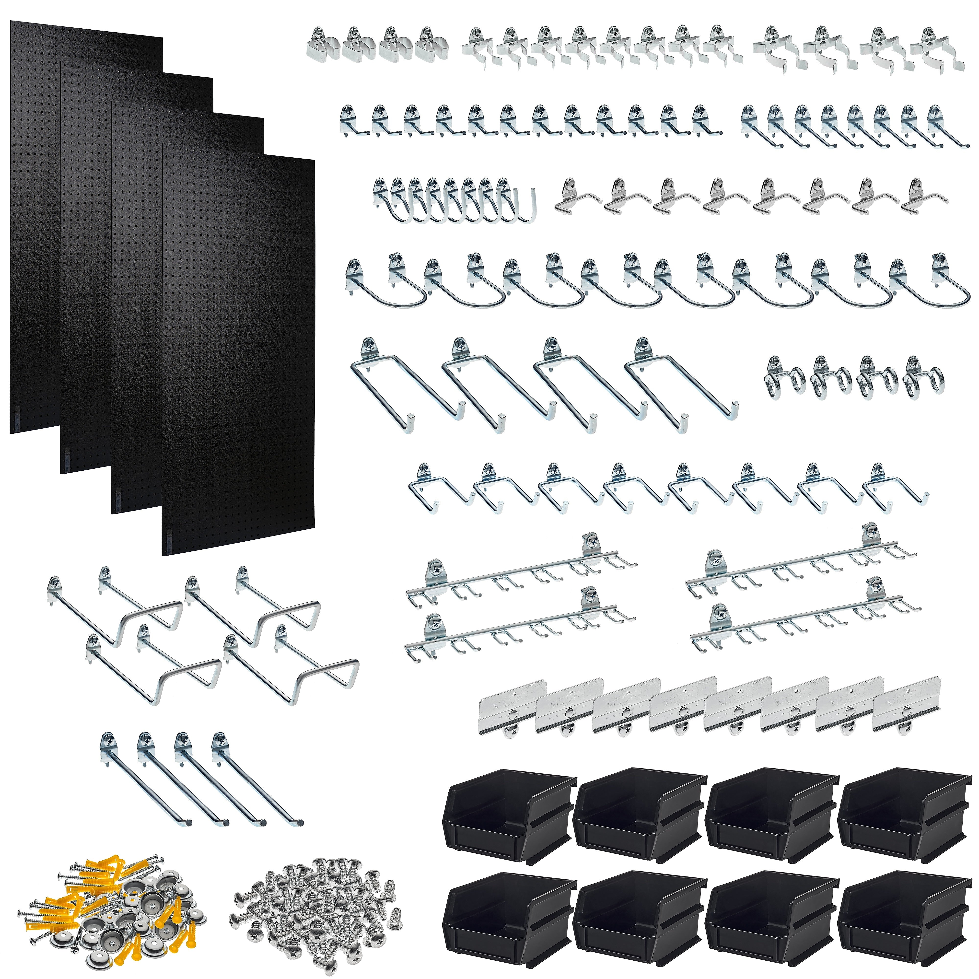 Triton Products Black ABS Textured Pegboards with 96 pc. DuraHook Assortment and Hanging Bin System (DB-4BK Kit)
